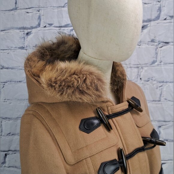 Burberry Womens Duffle Toggle Fur Hood Jacket Winter Camel Wool Nova Check 12 US - Picture 5 of 16